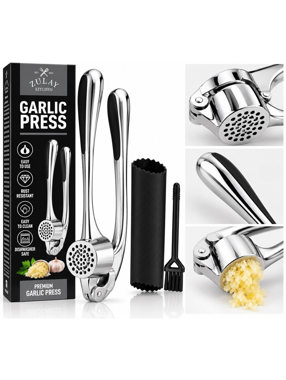 🧄 Zulay Kitchen Garlic Press – Chrome Finish – Peeler & Cleaning Brush – New